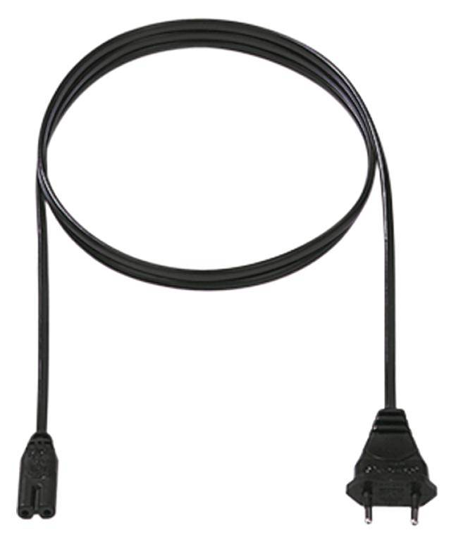 Un câble d'alimentation noir avec une fiche bipolaire et une prise, adapté aux appareils électriques.