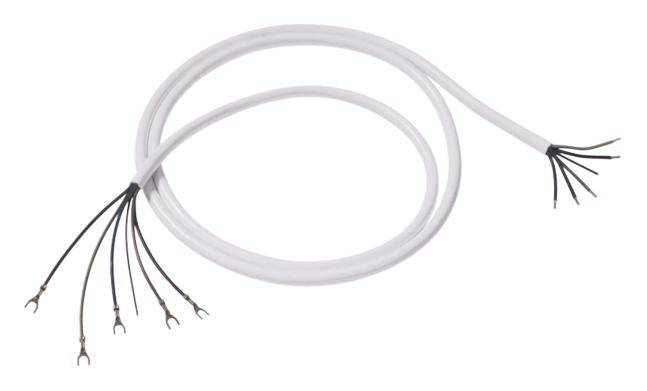 Un câble blanc comportant plusieurs fils noirs et des cosses de câble à fourche à ses extrémités, préparées pour une connexion facile.