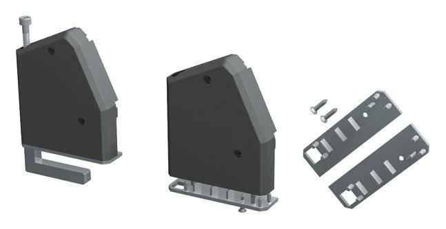 Instructions de montage d'un support de fixation : Trois étapes montrent la pose des pièces métalliques à l'aide de vis.