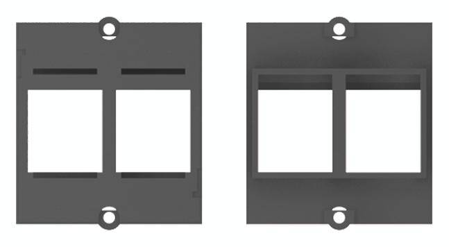 Deux cadres en plastique noir, chacun avec deux ouvertures rectangulaires prévues pour la fixation de prises électriques ou d'interrupteurs.