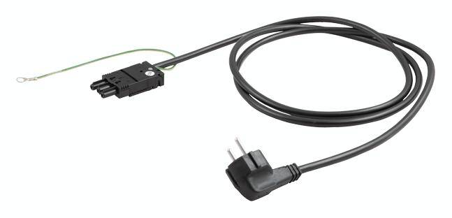 Câble réseau noir avec une prise bipolaire et un fil fin volant avec un œillet. Utilisé pour la connexion électrique.