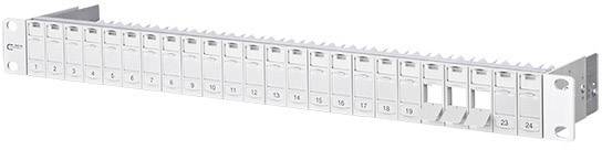 Panneau de brassage avec 24 ports, numérotés de 1 à 24. Gris, montable.