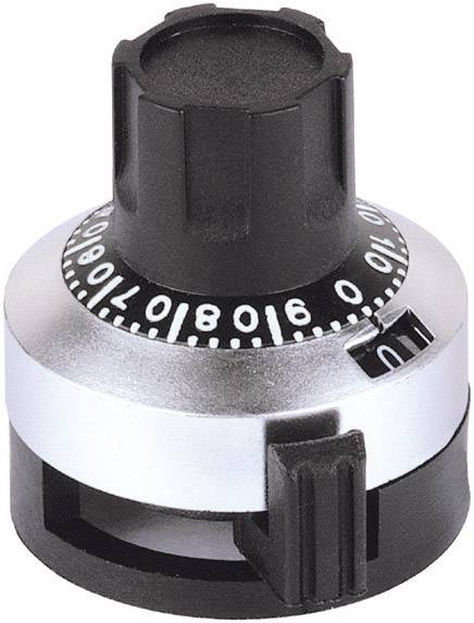 Un encodeur rotatif mécanique, noir et argent, avec une échelle graduée de 0 à 10. Utilisé pour contrôler ou ajuster des paramètres.
