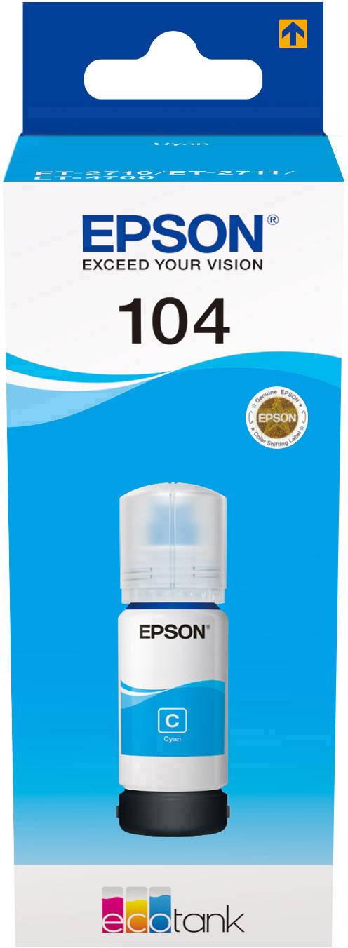 Encre Epson EcoTank 104 en Cyan, dans un emballage bleu. Le logo Epson est en haut et en dessous le slogan 'Dépassez Votre Vision'.