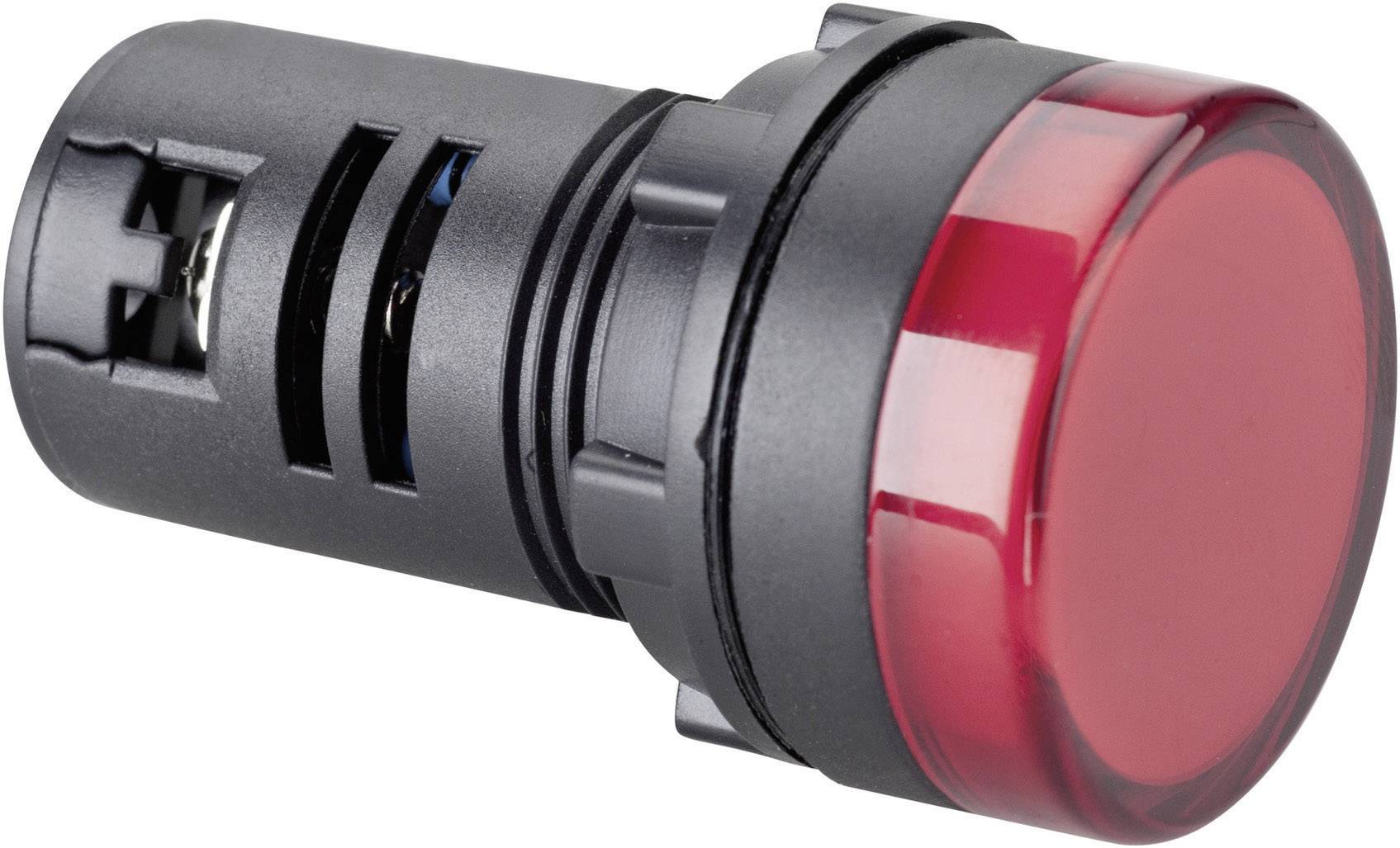 Bouton lumineux rouge, rond, sur un boîtier noir, adapté pour afficher des informations de statut sur des appareils électriques.