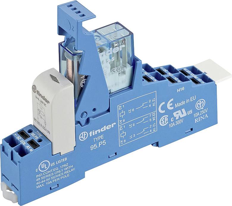 Composant électrique : Relais Finder dans un boîtier bleu. Plusieurs possibilités de connexion, marquages techniques et certifications sont visibles.