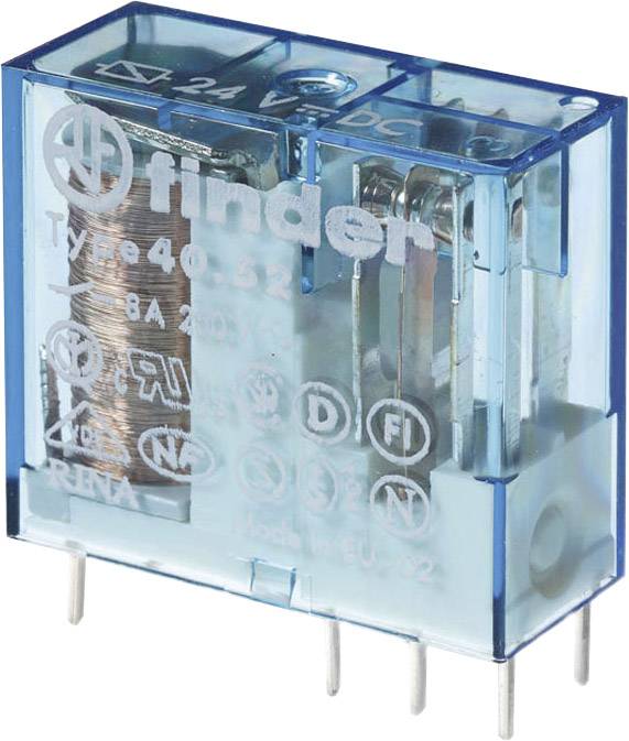 Un relais Finder de couleur bleue portant l'inscription 'Type 40.52', avec des symboles techniques et des spécifications imprimés tels que '8A 250V'.
