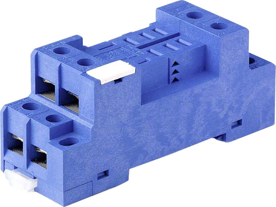 Bloc électrique bleu avec connexions enfichables et clips de montage, utilisé pour la fixation de composants électroniques sur des rails DIN.