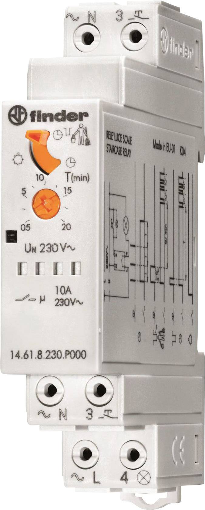 Relais temporel électronique de Finder, modèle 14.61, pour montage sur rail DIN ; tension 230V AC, plage de temps réglable de 0,05 à 15 minutes.