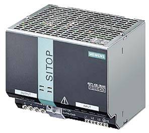 Un bloc d'alimentation Siemens SITOP affiche le marquage du produit et les connexions d'entrée/sortie sur la face avant. Adapté aux applications industrielles.