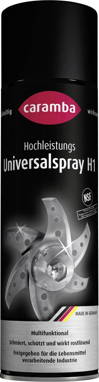 Bombe aérosol noire avec logo rouge 'Caramba', étiquetée 'Spray universel haute performance H1'. Adapté pour l'industrie alimentaire.