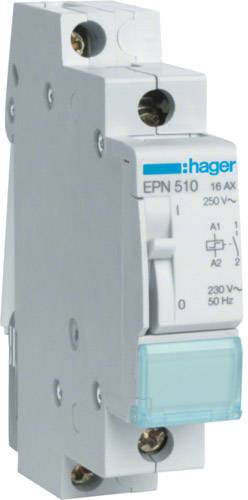 Un disjoncteur blanc Hager de modèle EPN 510, adapté pour une tension de 250 V~ et un courant de 16 A.