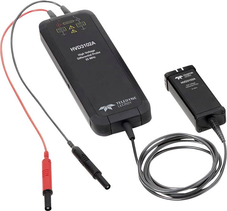 Sonde de haute tension HVD3102A de Teledyne LeCroy avec deux fils de mesure, utilisée pour mesurer des tensions élevées dans des circuits électroniques.