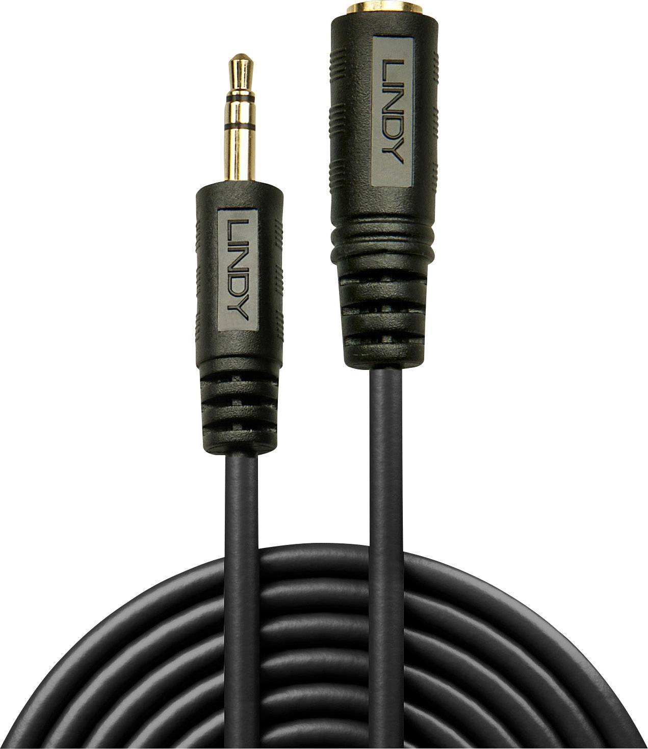 Un câble audio avec une fiche jack de 3,5 mm et un connecteur, tous deux portant l'inscription 'LINDY', sur un fond blanc.