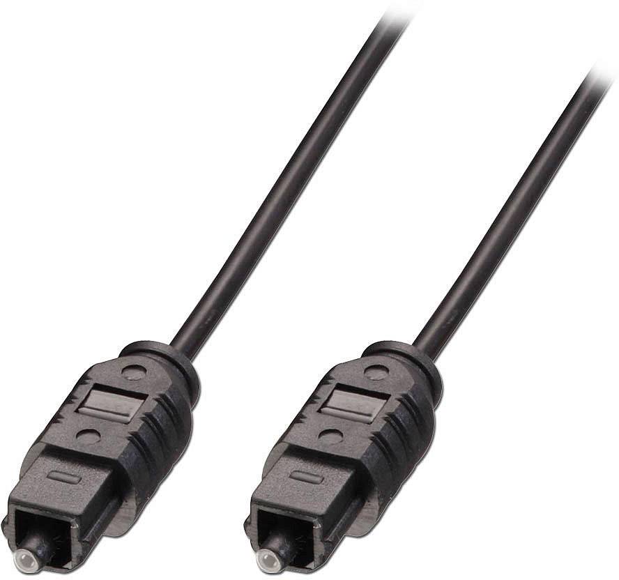 Un câble audio optique noir avec deux connecteurs Toslink aux extrémités pour la transmission audio numérique.