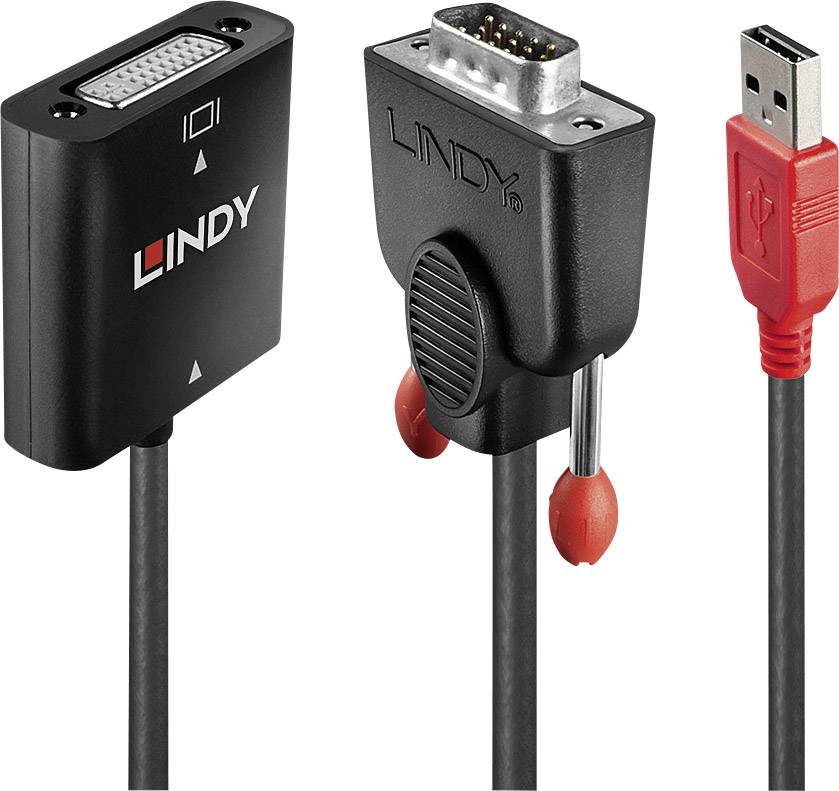 Un câble adaptateur avec des connecteurs DVI, VGA et USB est présenté. Adapté pour connecter des ordinateurs à des écrans ou des projecteurs.