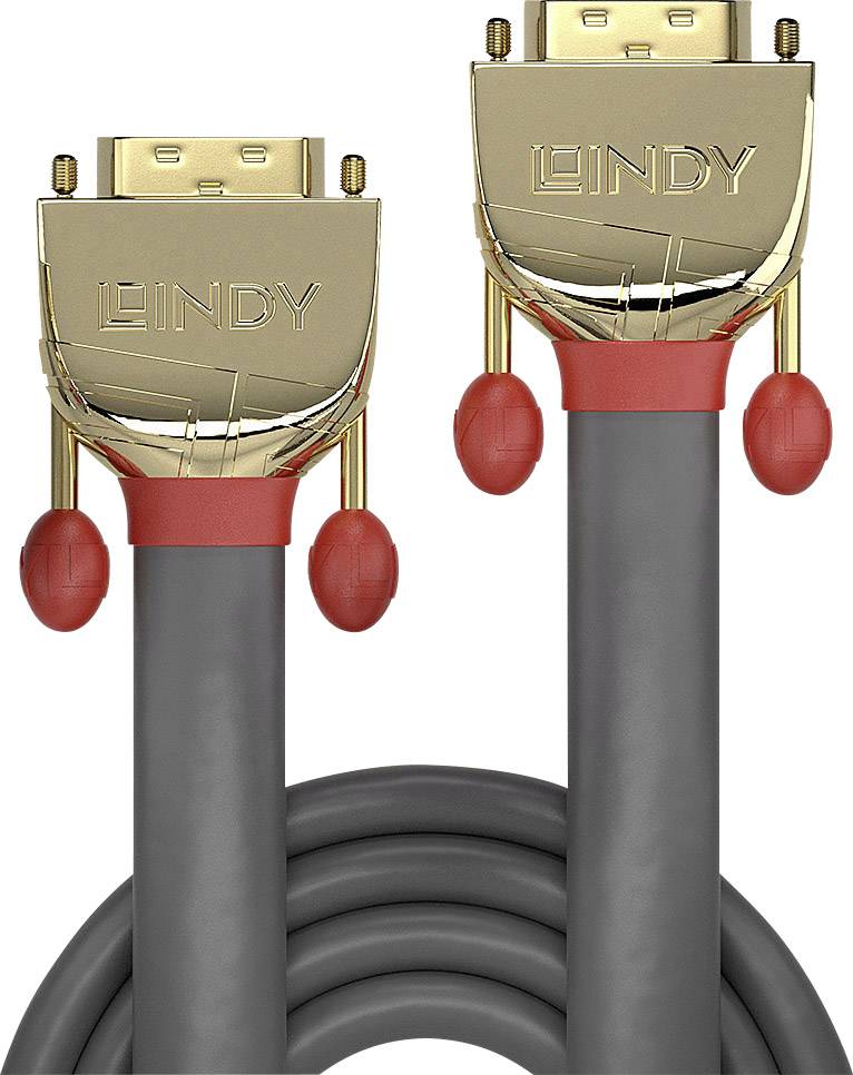 Deux câbles HDMI dorés de Lindy avec des capuchons de prise rouges et des câbles gris.