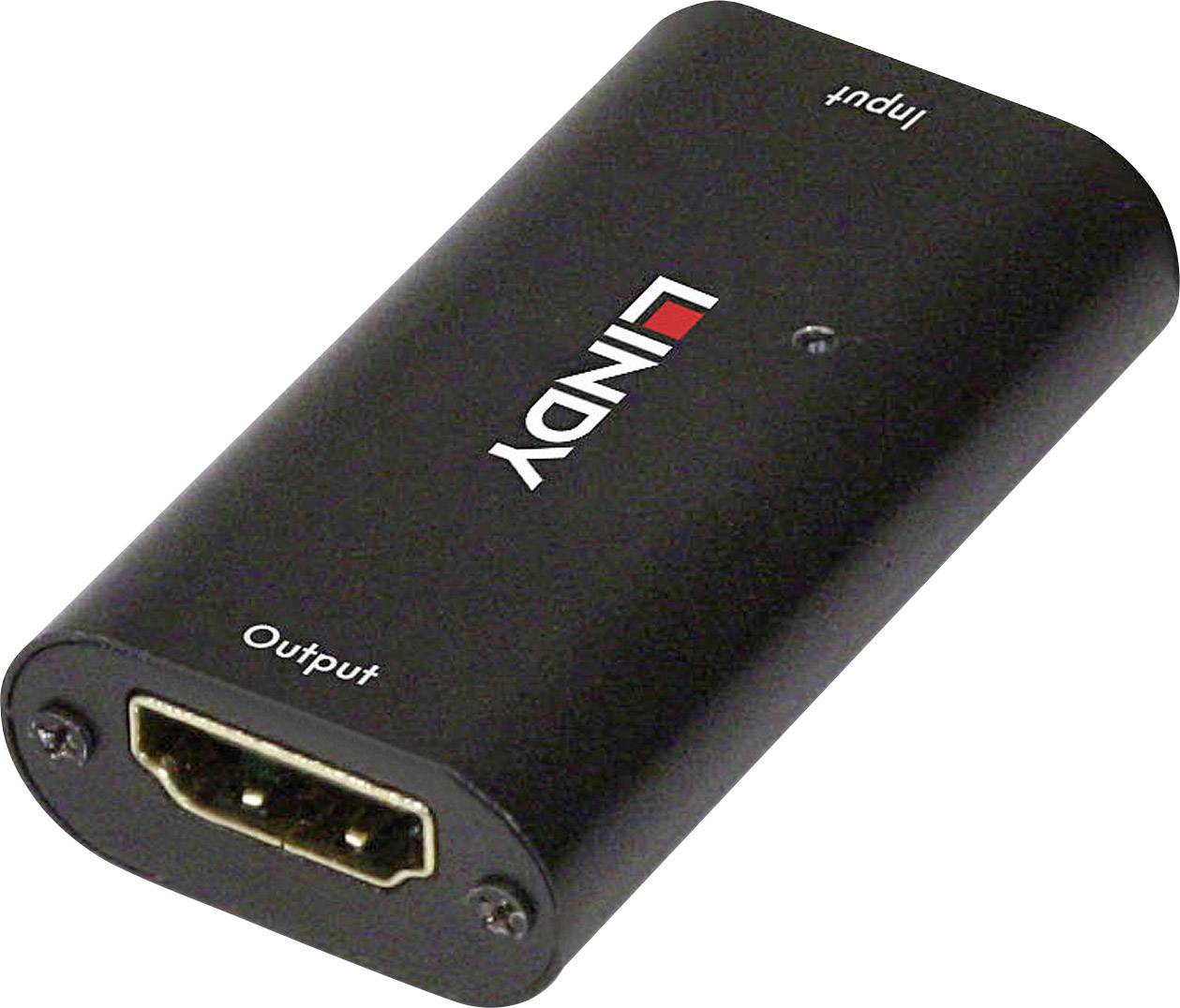 Répéteur HDMI noir de la marque Lindy avec une entrée et une sortie pour amplifier le signal HDMI.