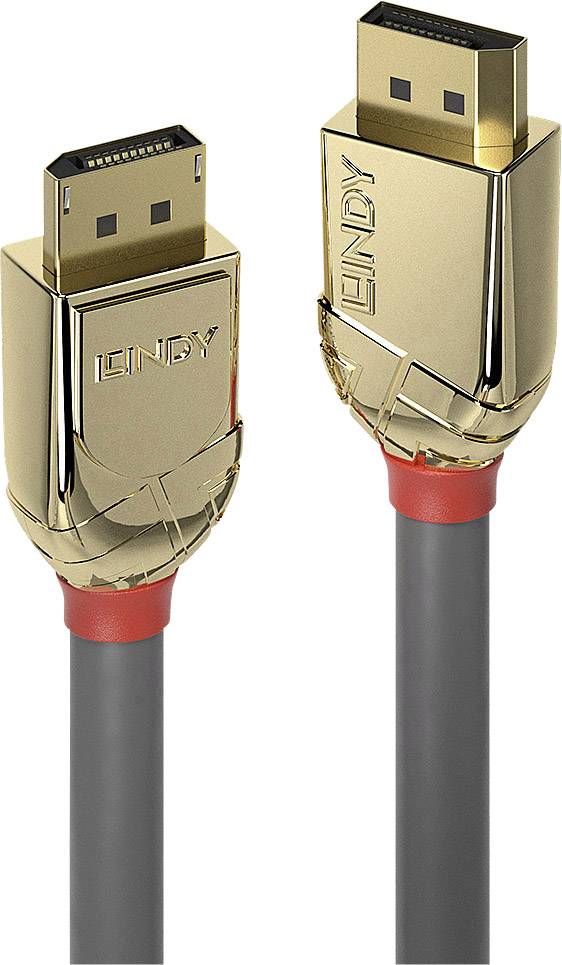 Deux fiches DisplayPort dorées avec un anneau rouge sur des câbles gris.