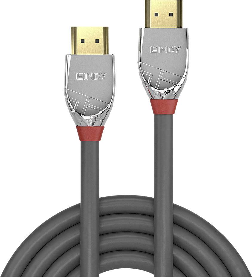 Câble HDMI gris avec deux connecteurs argentés et des touches rouges, indiquant la marque.