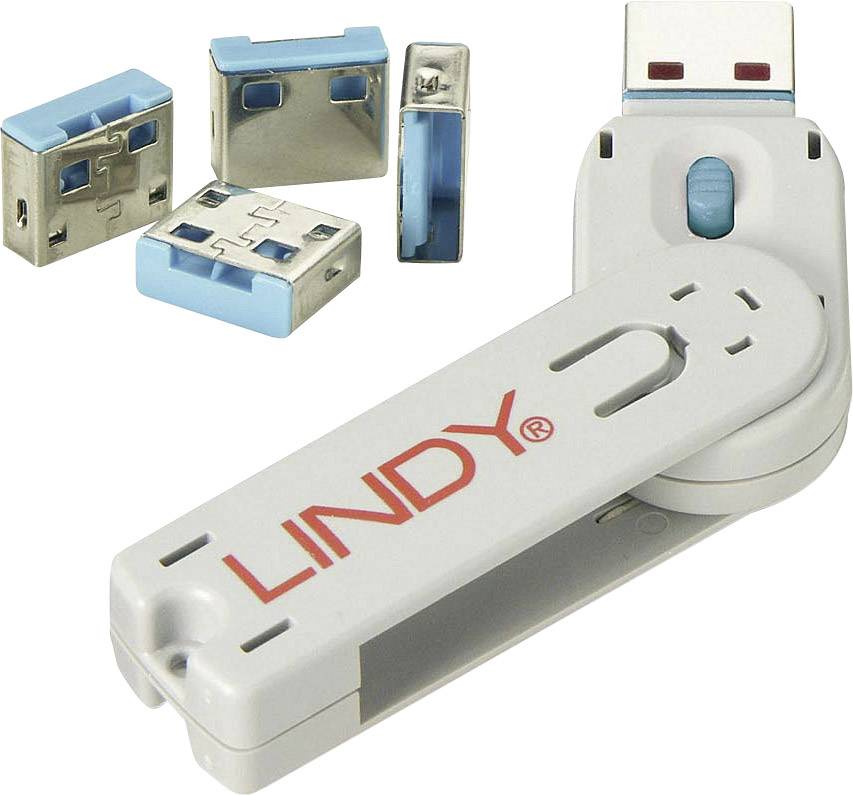 LINDY Verrouillage de port USB USB-Lock + Key jeu de 4 bleu avec 1 clé 40452