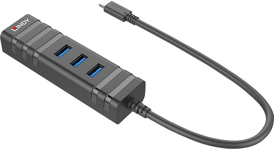 Hub USB avec trois ports USB bleus et un câble noir avec connecteur USB-C. Adapté pour élargir les possibilités de connexion.