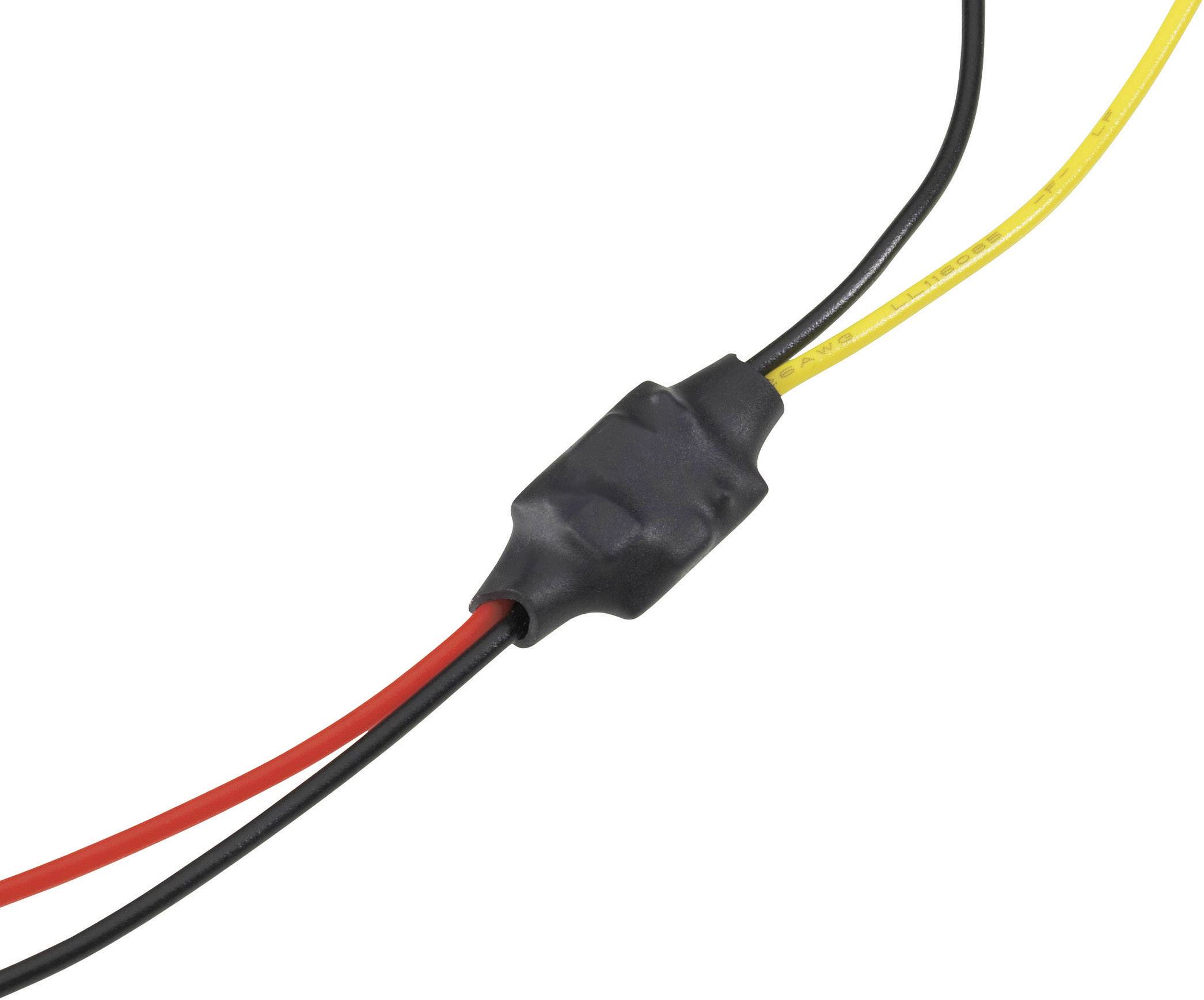 Un connecteur noir relie trois fils : noir, rouge et jaune. Pourrait être utilisé pour des circuits électriques ou un câblage.