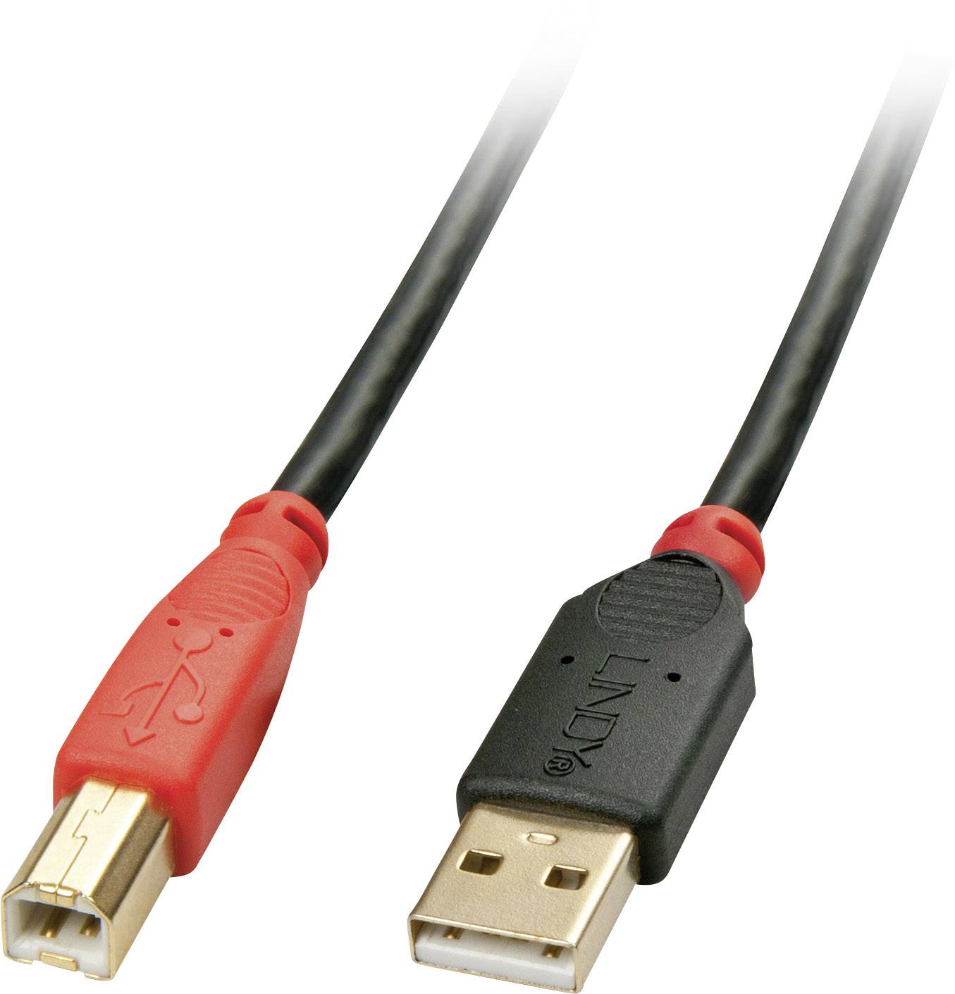 Câble USB avec une fiche USB-A noire et une fiche USB-B rouge, adapté pour connecter des appareils tels que des imprimantes.