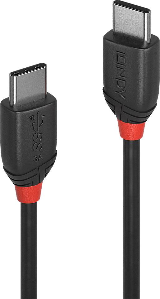 Deux câbles USB-C noirs avec des accents rouges et l'inscription 'LINDY', adaptés pour la charge et le transfert de données.