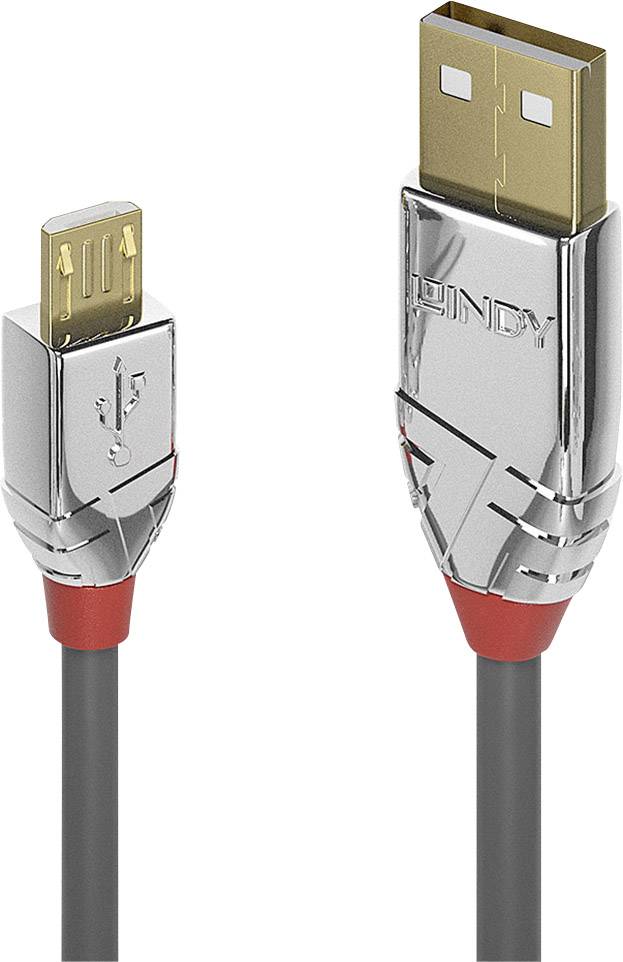 Deux fiches de câble argentées : à gauche un micro-USB, à droite un USB standard. Les deux ont une surface métallique argentée.