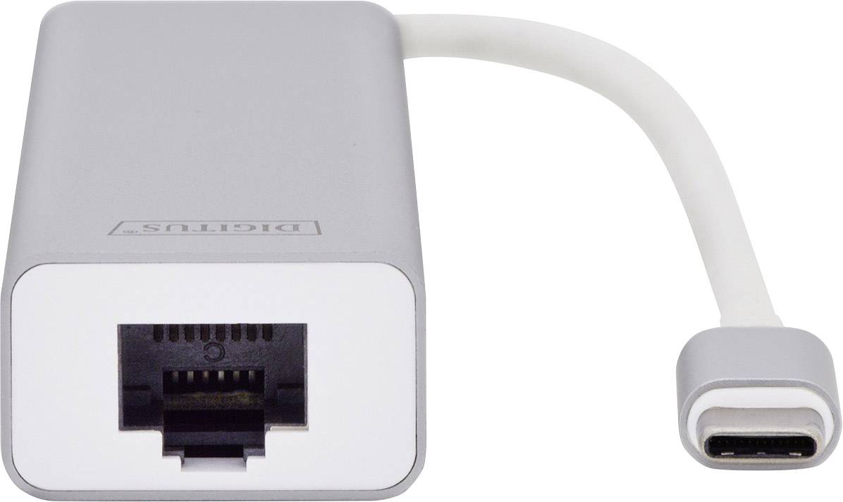 Un adaptateur USB-C vers Ethernet argenté avec un câble montrant des connecteurs aux deux extrémités : un port Ethernet et une fiche USB-C.