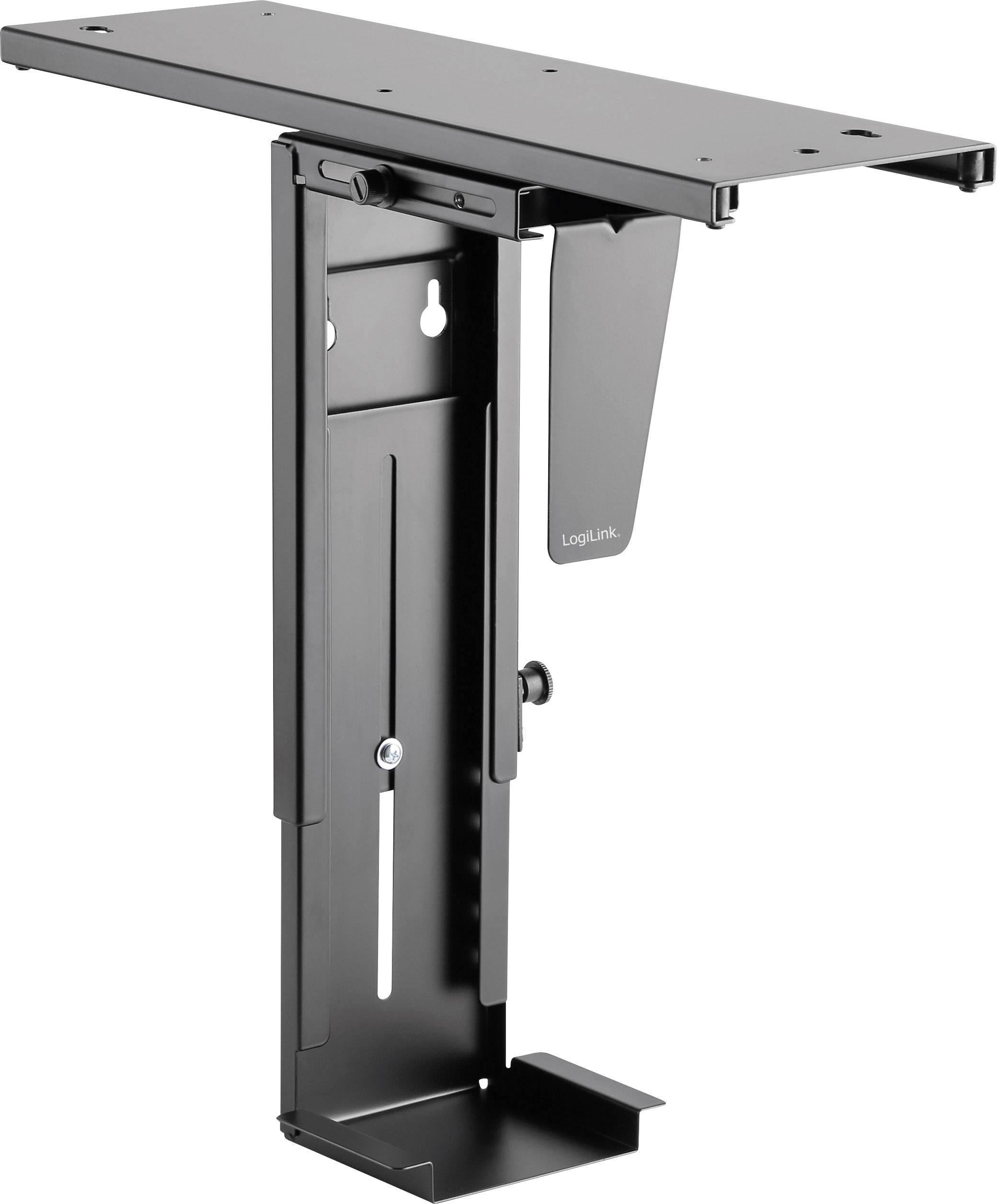 Support d'ordinateur noir pour montage sous le bureau, avec hauteur réglable, conçu pour un rangement compact des boîtiers d'ordinateur.