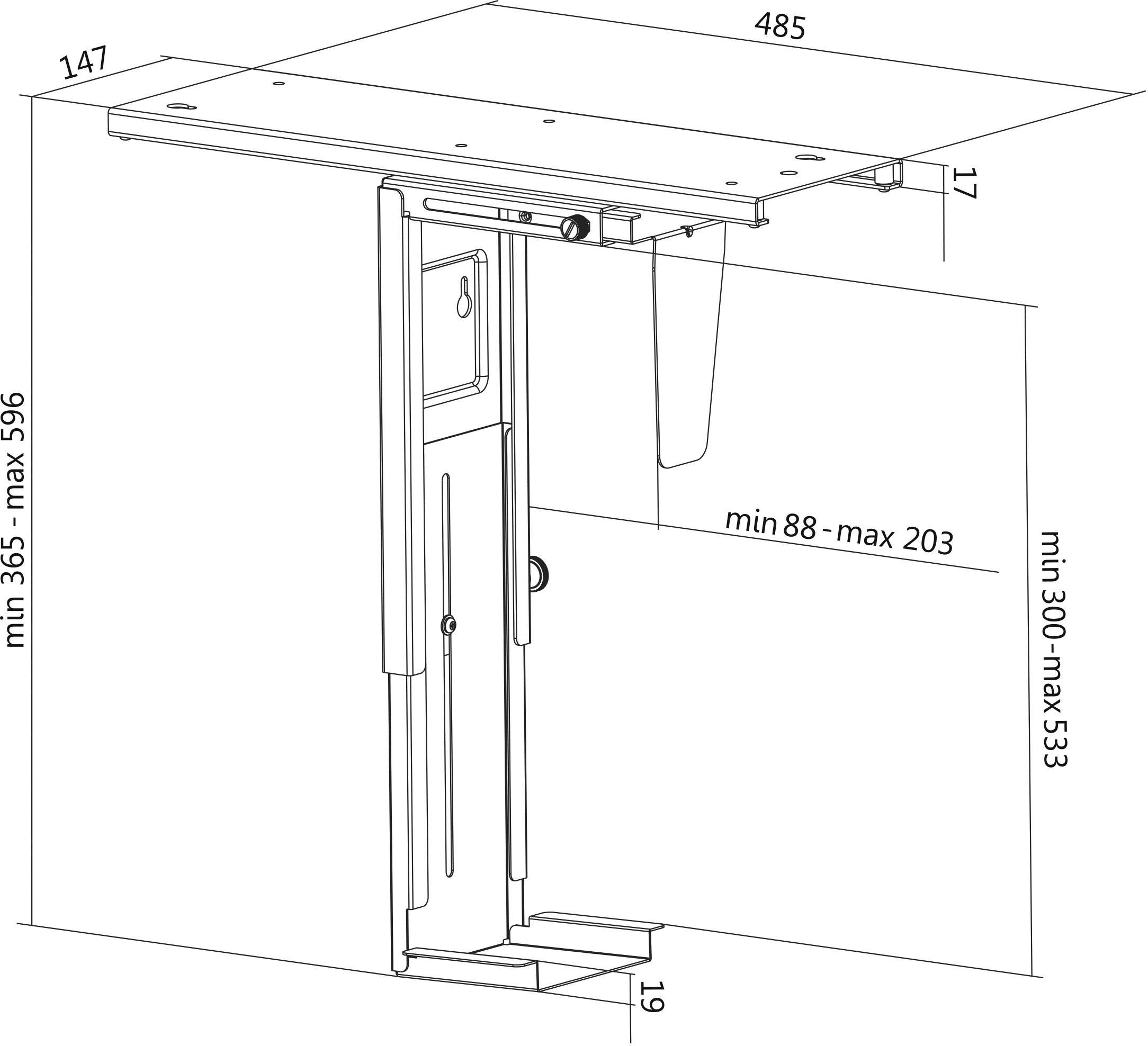 Dessin technique d'une table ajustable avec dimensions indiquées : largeur 485, hauteur de 365 à 596, profondeur 147.