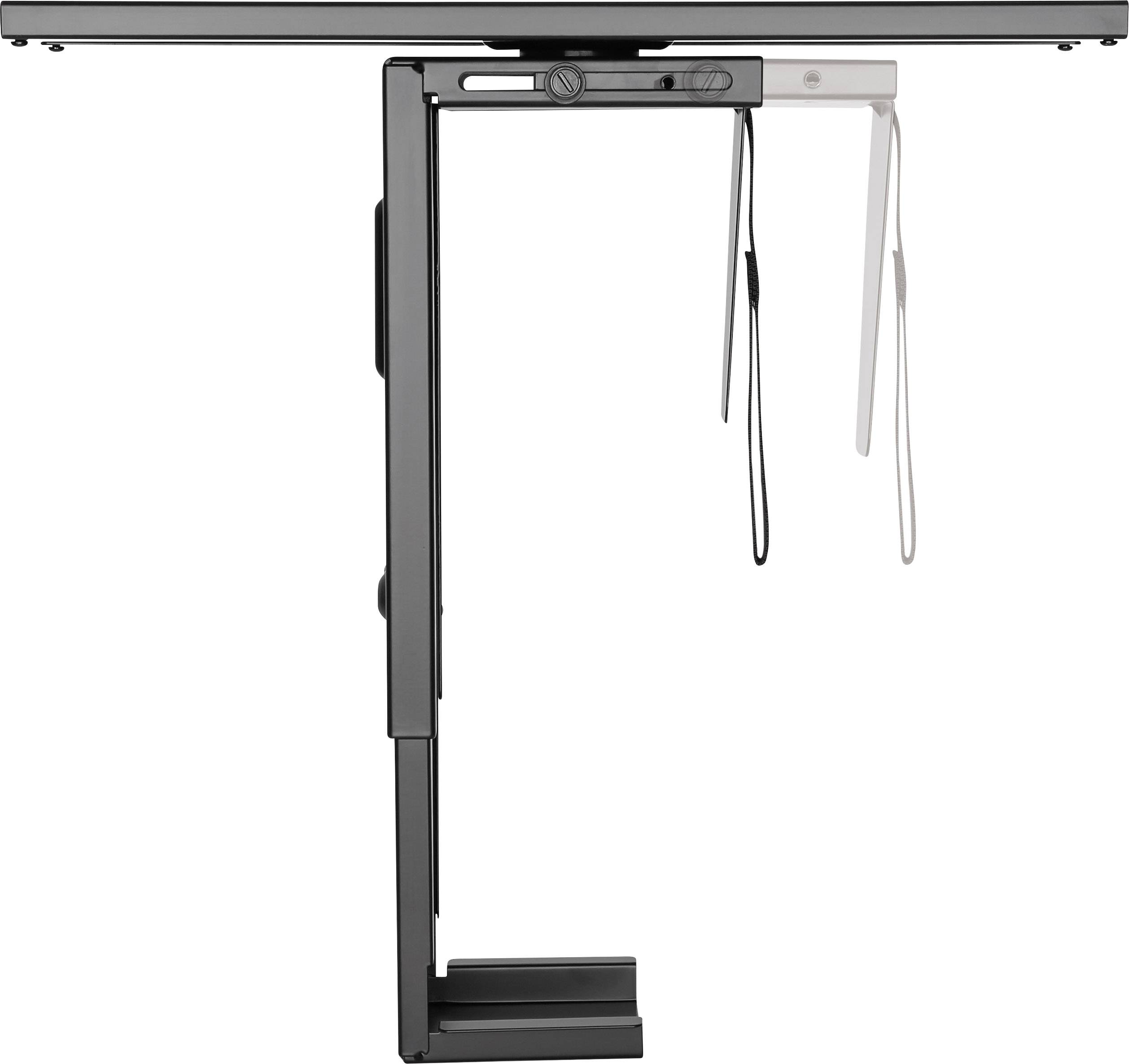 Un socle de table noir et réglable en hauteur avec des attache-câbles est représenté de côté. La table est conçue de manière minimaliste et fonctionnelle.