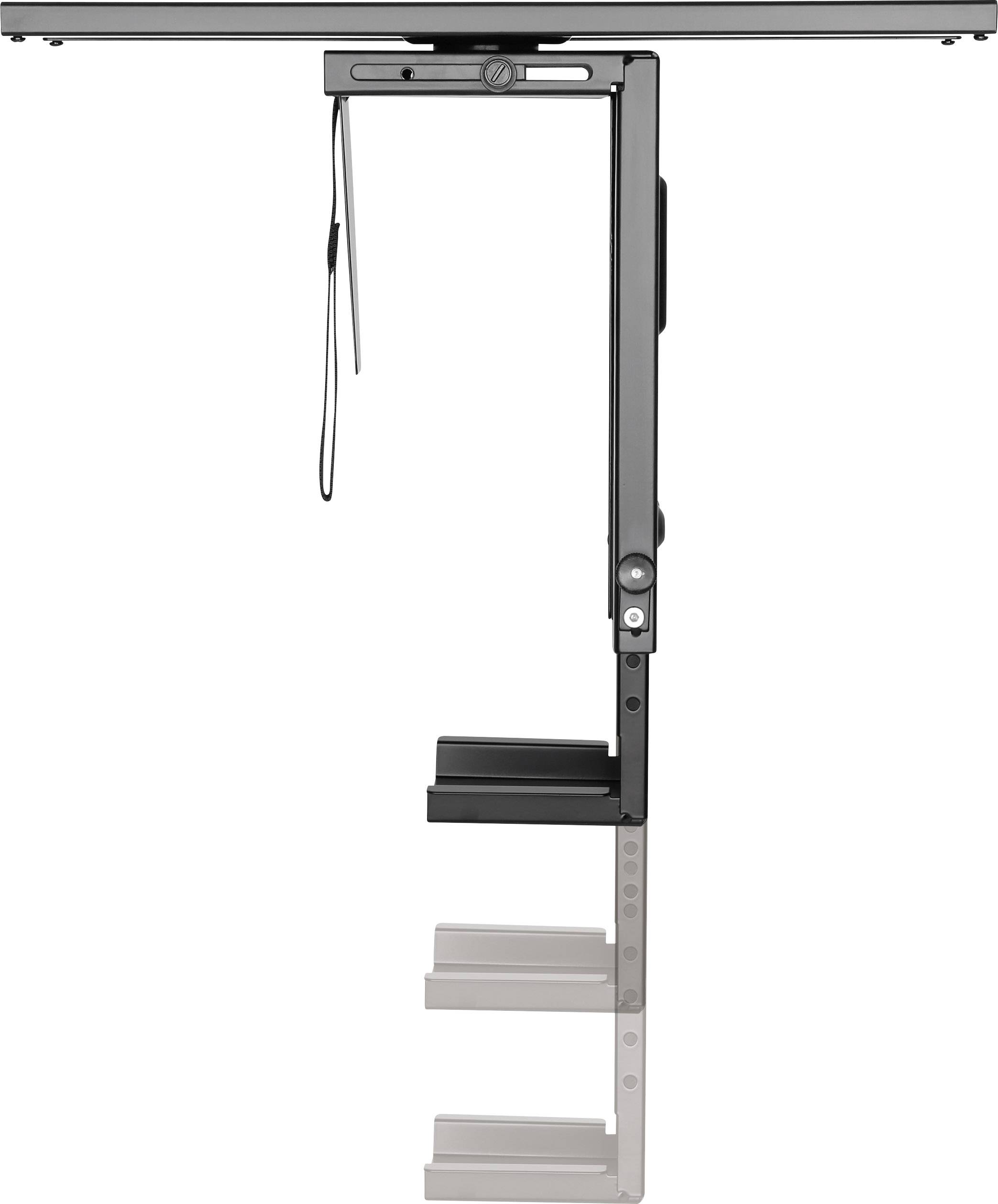 Un support vertical en métal avec différentes étagères, utilisé pour organiser ou ranger des objets, fixé à une surface.