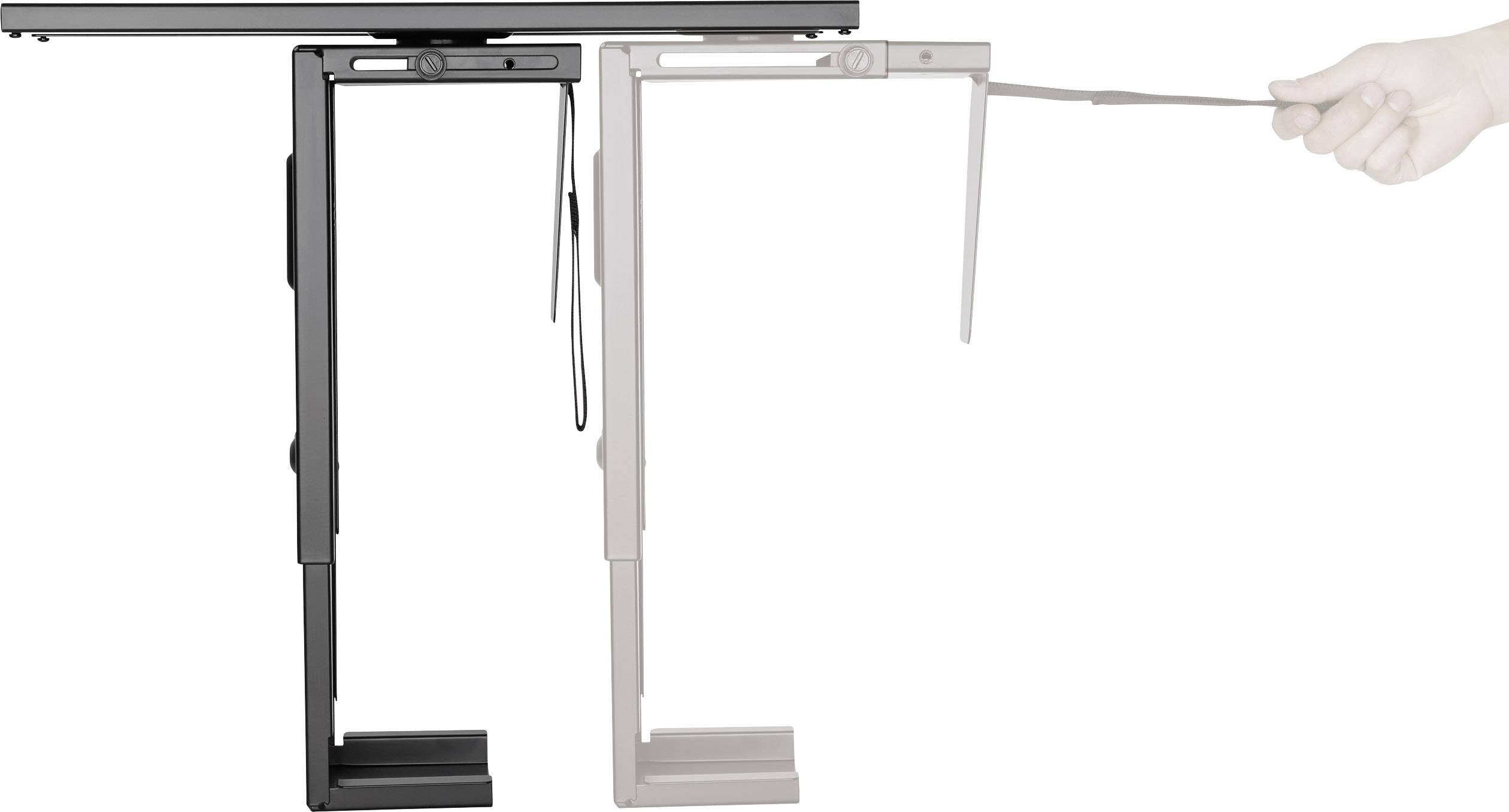 Deux supports de table réglables en hauteur, en noir et gris, placés côte à côte ; une main manipule le support gris.