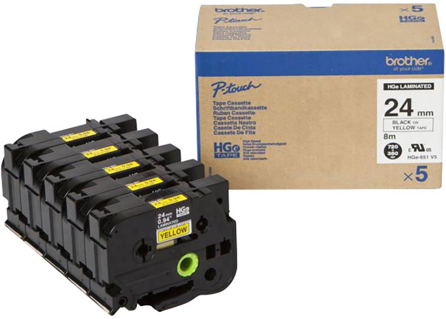 Cinq cassettes de ruban d'étiquettes HGk jaunes devant un emballage indiquant « 24 mm, 8 m, Noir sur Jaune, Cassette de ruban ».