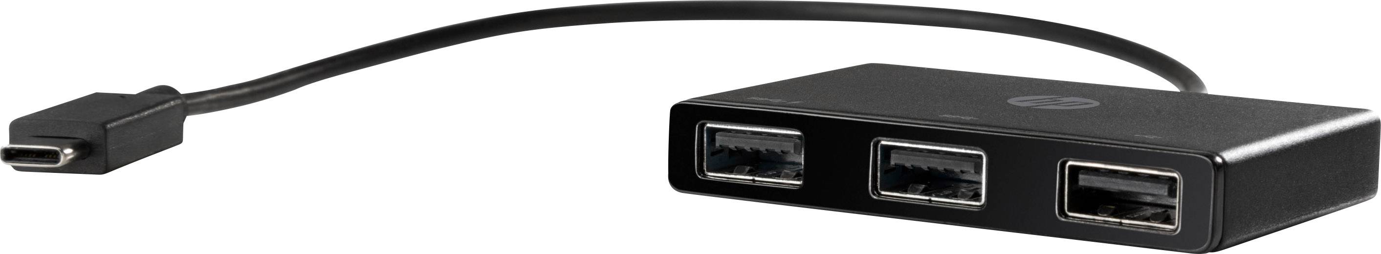 Un adaptateur USB-C noir à trois ports USB pour connecter des appareils ; adapté pour une connectivité étendue.