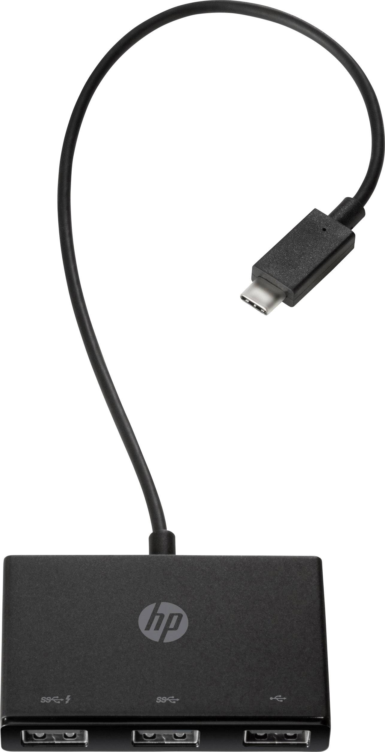 Un adaptateur noir avec trois ports USB et un câble USB-C, portant un logo HP sur sa surface.