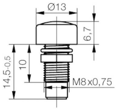 Dessin technique d'un boulon fileté avec les dimensions suivantes : Diamètre 13 mm, longueur 14,5 mm, filetage M8x0,75, hauteur de tête 6,7 mm.