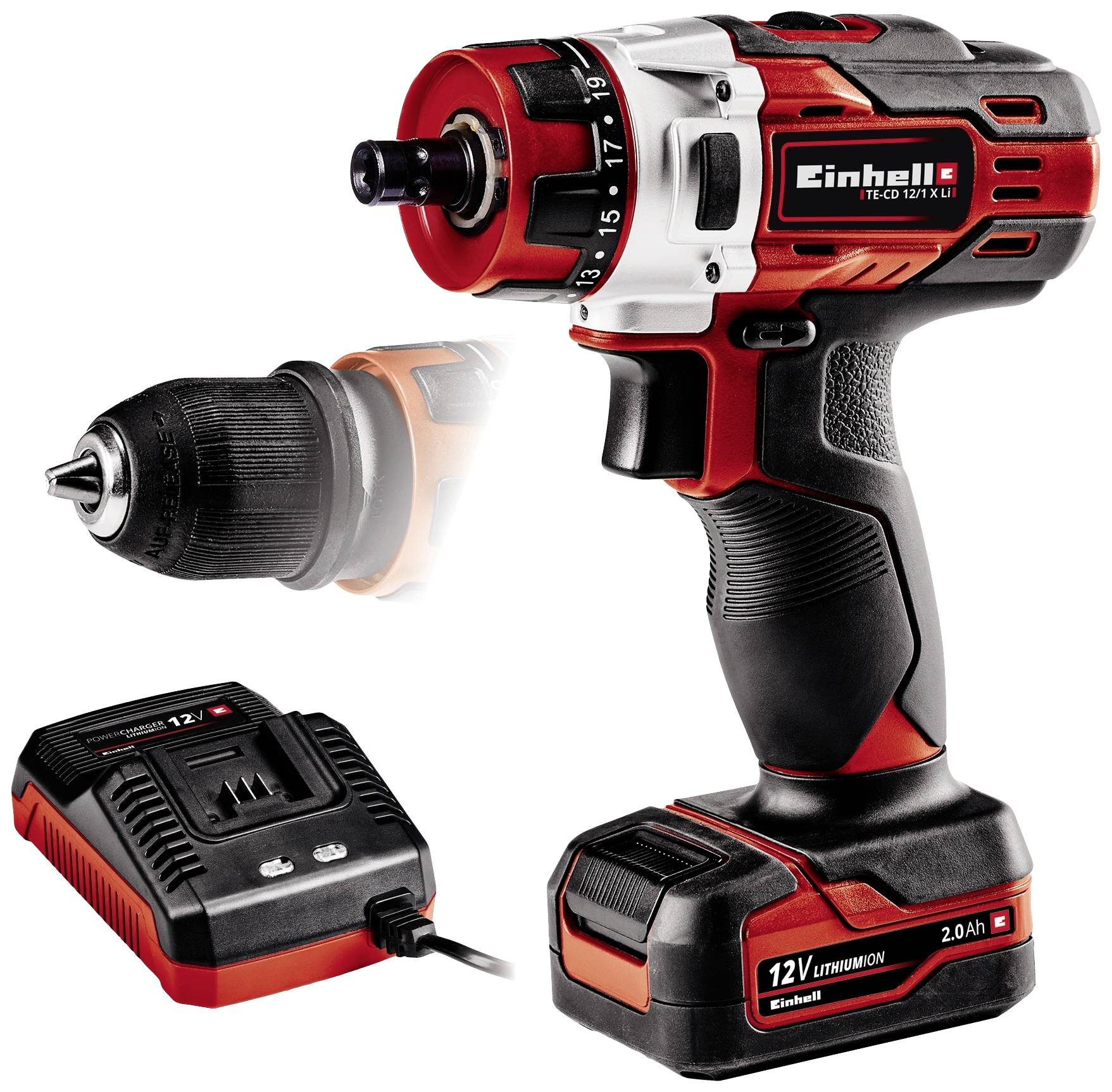Ensemble de visseuse sans fil en rouge et noir avec chargeur et tête de forage supplémentaire. Batterie lithium-ion 12V au premier plan.