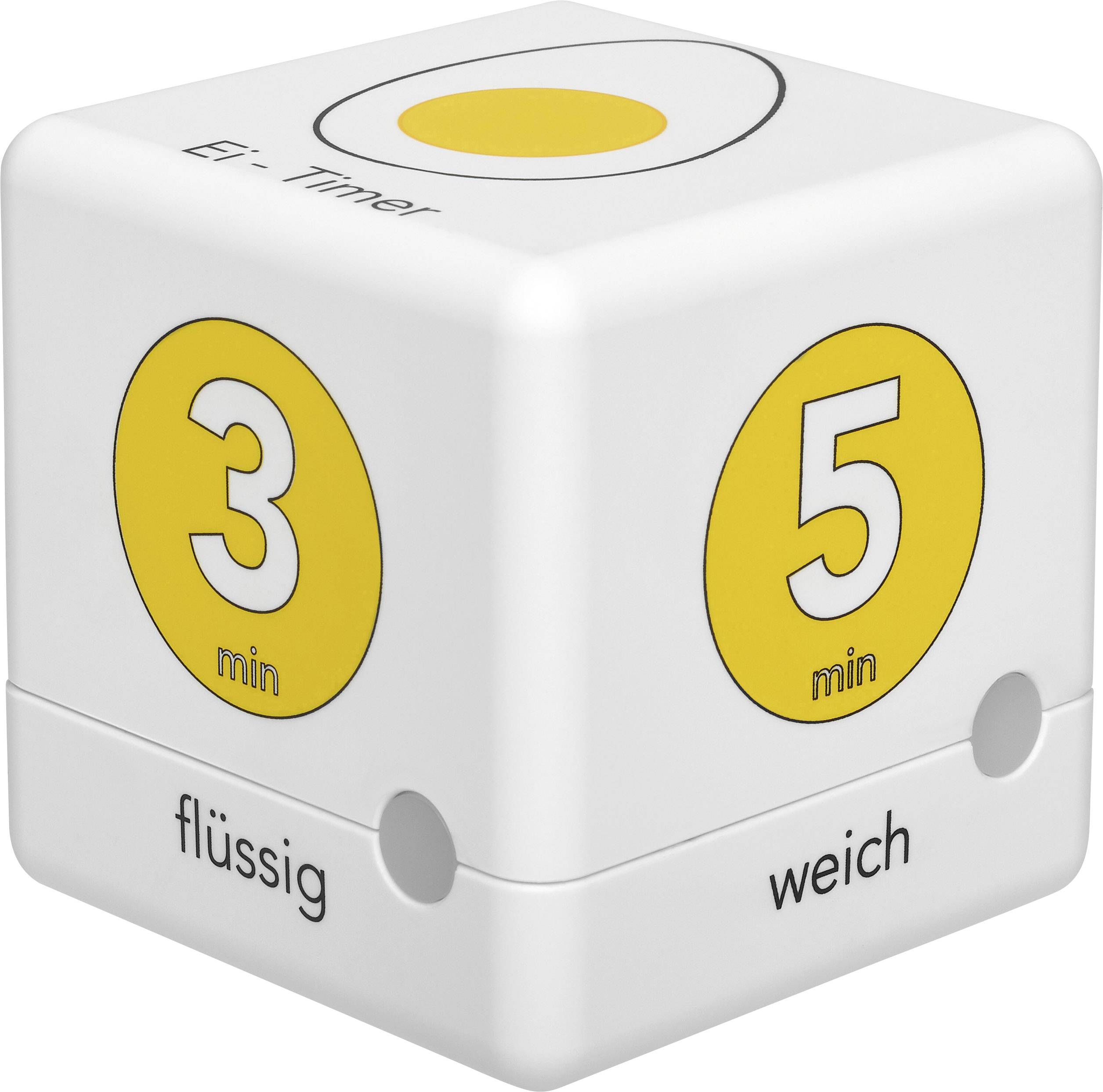 Dé minuteur avec face jaune de 3 minutes pour 'coulant' et face jaune de 5 minutes pour 'molle'.
