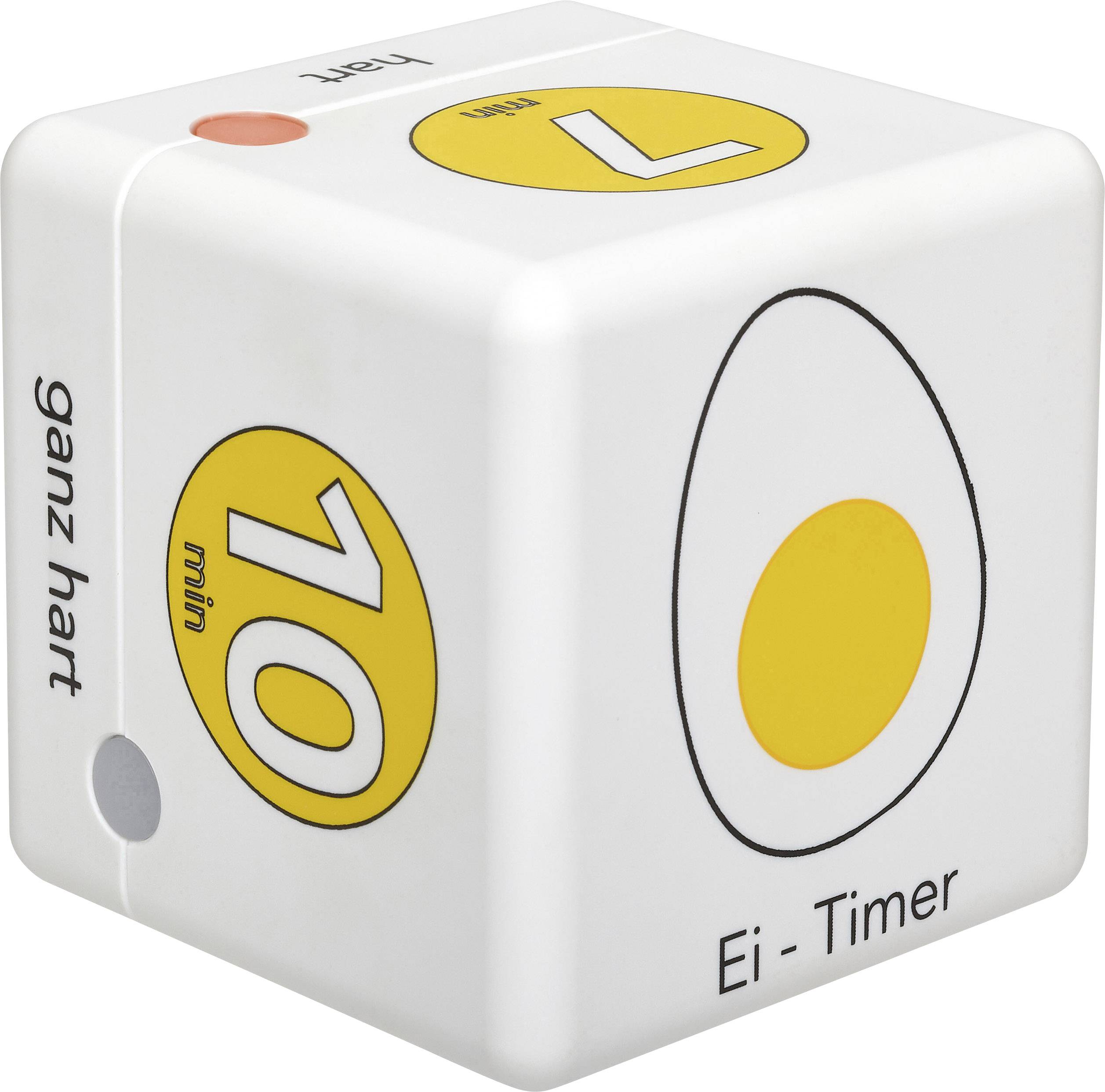 Cube minuteur d'œufs avec indication de 10 minutes pour des œufs durs. Les marquages sur les côtés indiquent différents temps de cuisson.
