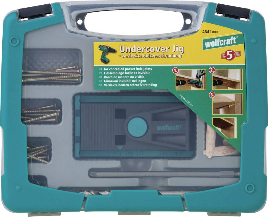 Kit de gabarit de perçage Wolfcraft Undercover avec coffret, vis et accessoires pour vissage dissimulé dans le bois, notice et exemples d'utilisation.