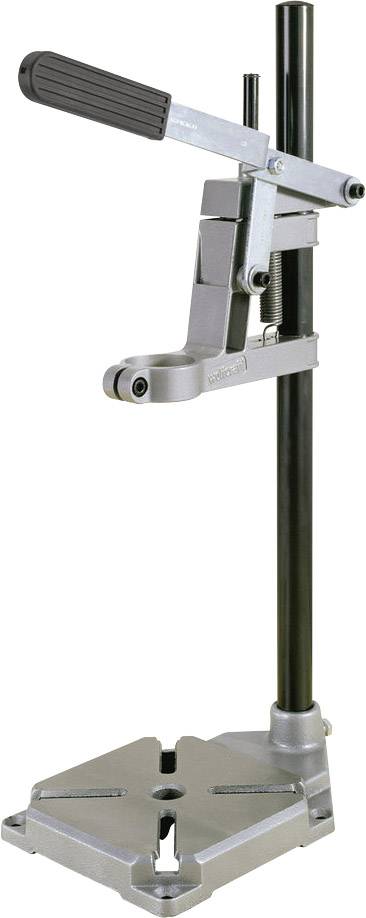 Support de perceuse en métal avec poignée noire et base, conçu pour stabiliser une perceuse et permettre des travaux de perçage précis.
