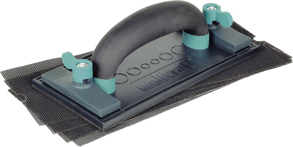 Un outil de ponçage manuel noir avec une poignée et des fixations verdâtres, adapté pour les travaux de ponçage sur différentes surfaces.