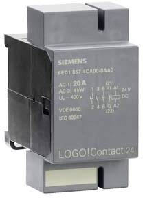 'SIEMENS LOGO!Contact 24' appareil de commutation, gris, courant nominal 20A, pour AC 3 à 400V, montage sur rail DIN, avec spécifications techniques à l'avant.