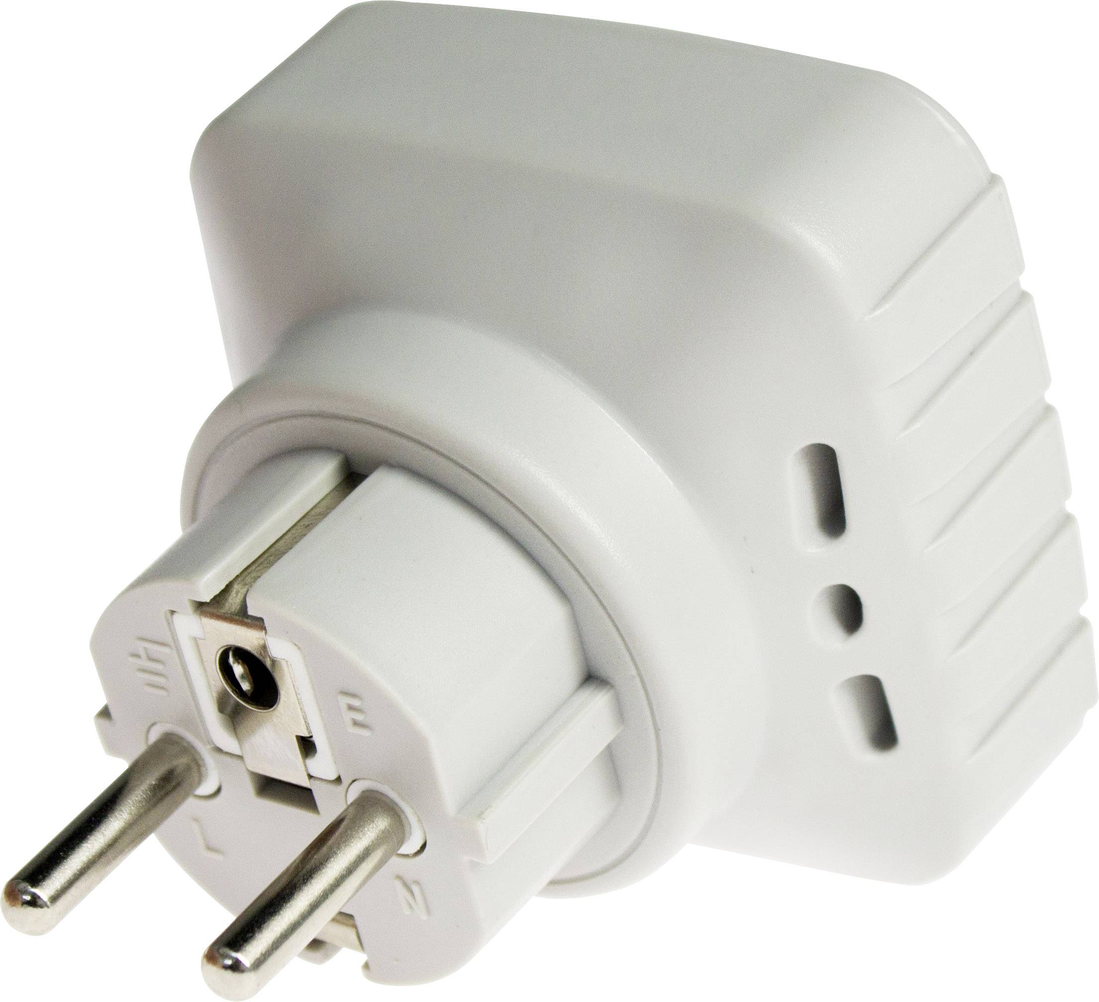 Un adaptateur européen blanc aux bords arrondis. Il dispose de deux broches métalliques pour la connexion aux prises électriques et de fentes de ventilation sur le côté.