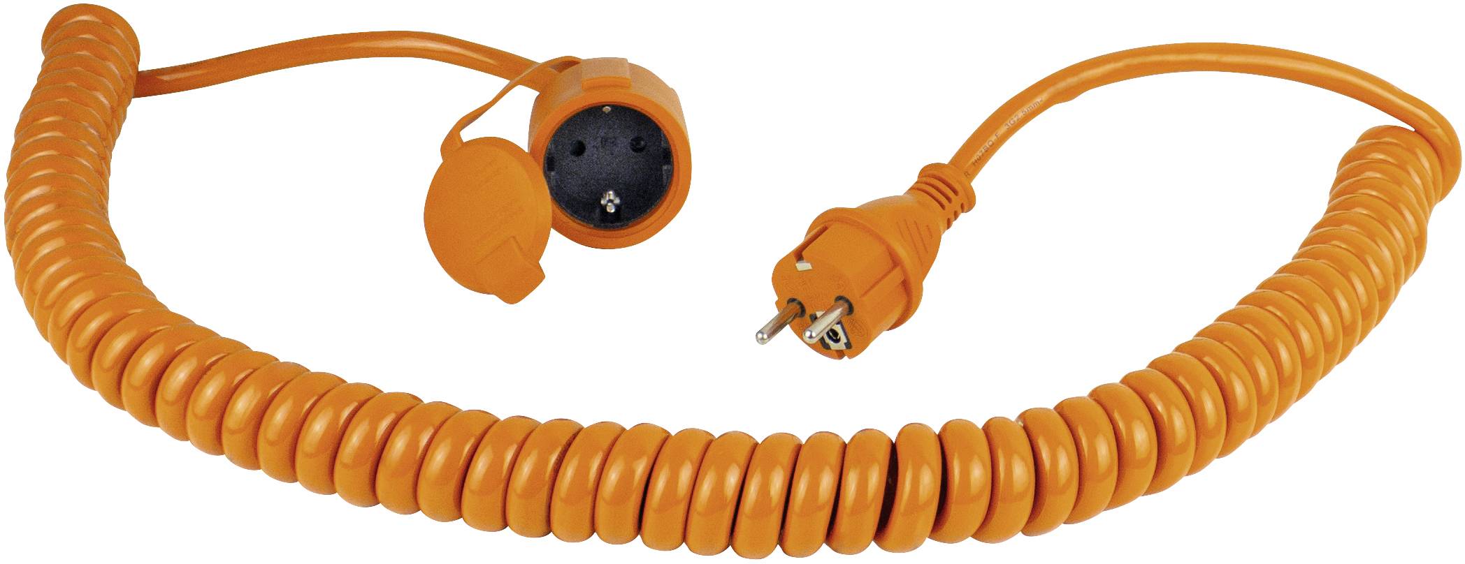 Câble spiralé orange avec fiche et prise de terre. Adapté pour une utilisation en extérieur ou dans les ateliers pour l'alimentation électrique.