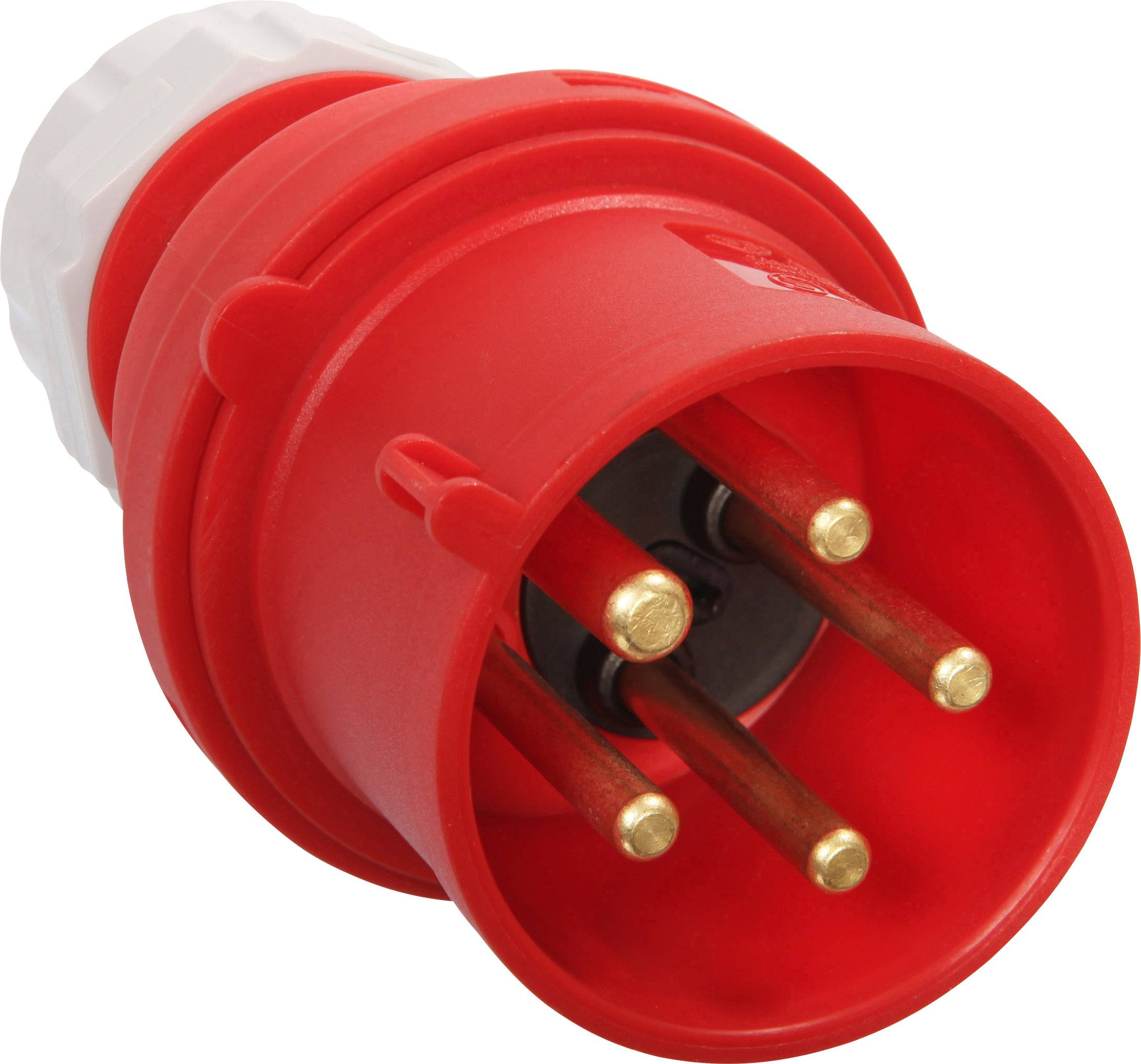 Fiche de courant triphasé rouge avec cinq broches métalliques, typiquement utilisée pour des applications industrielles, sur un fond blanc.